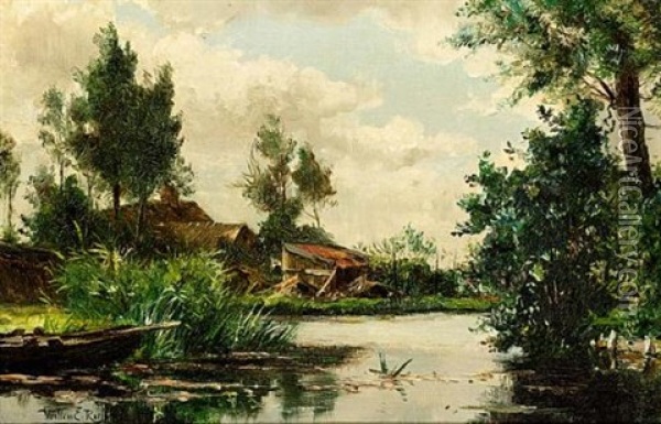 Moored Boat In A Polder Landscape Oil Painting - Willem Elisa Roelofs