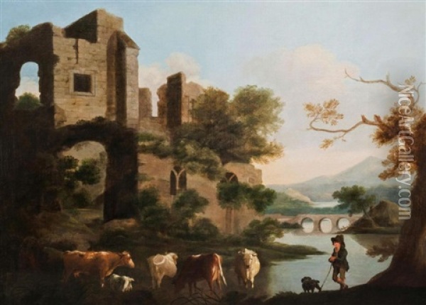 Drover With Cattle By A Ruin With A River, Bridge And Woodland In The Distance Oil Painting - Benjamin (of Bath) Barker
