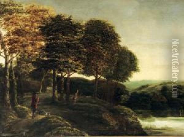 A Wooded River Landscape With A Hunter And His Dogs On A Track Oil Painting - Salomon Rombouts