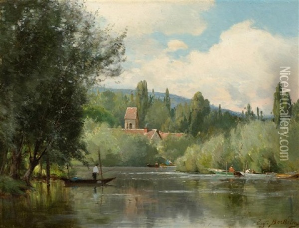 Flusslandschaft Mit Fischerbooten Oil Painting - Eugene Berthelon