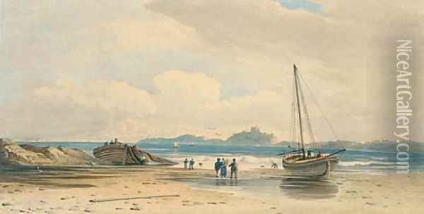 Figures on the shore with Bamburgh Castle beyond, Northumberland Oil Painting - John Varley