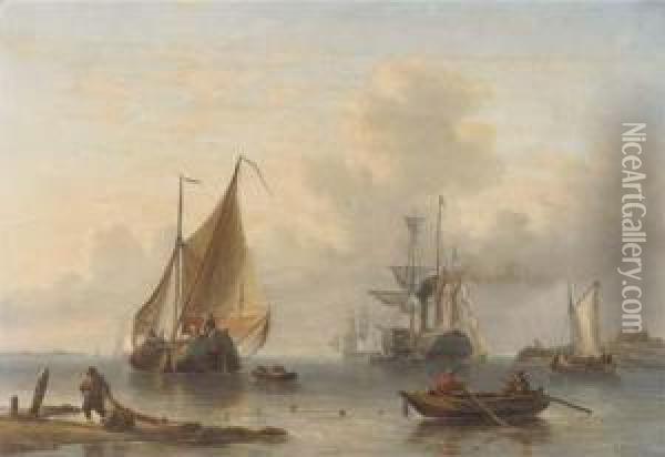 A Calm: A Busy Day Near A Coast Oil Painting - George Willem Opdenhoff