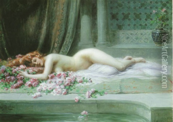 Nude By A Poolside, Surrounded By Pink Roses Oil Painting - Delphin Enjolras