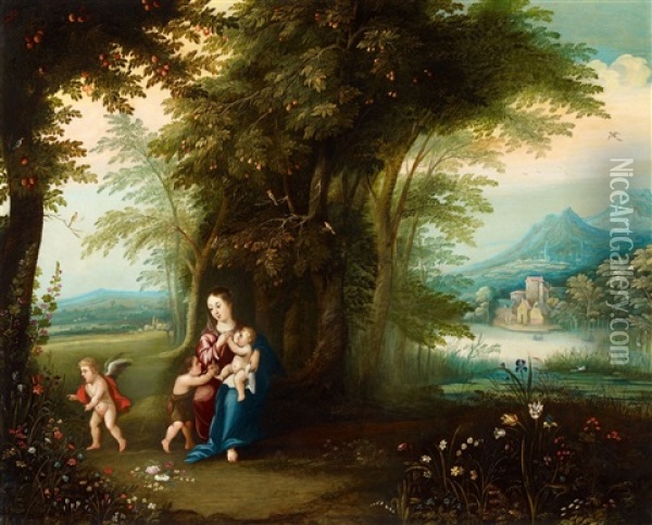 Wooded Landscape With The Virgin, Christ Child And Saint John Oil Painting - Peeter Van Avont