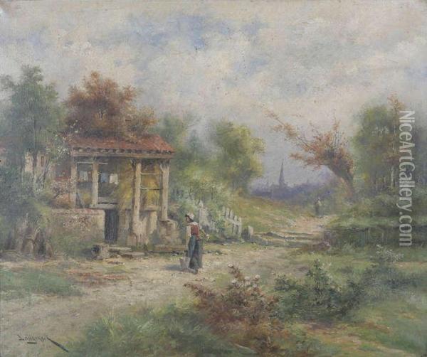 'le Chemin De Molonp se/auvergne' Oil Painting - Henri Langerock