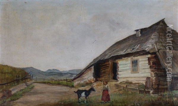 Dziewczynka Z Koza Przed Chata Oil Painting - Wladyslaw Pochwalski