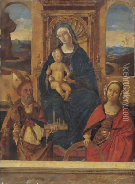 Madonna And Child Enthroned With Saints Petronius() And Catherine Of Alexandria Oil Painting - Bernardino di Bosio (see ZAGANELLI)