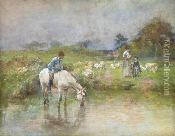 Shepherds Watering Their Livestock Oil Painting - Luigi Chialiva