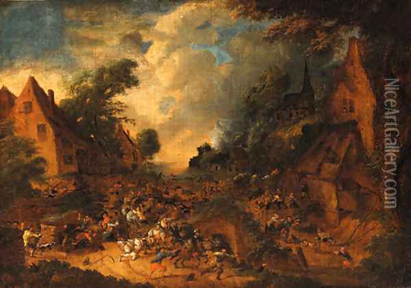 A cavalry skirmish in a village Oil Painting - Lucas Smout II