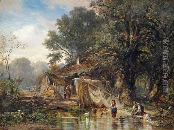 Fishing Hut At The Borderof A Wood. Oil Painting - Carl Ebert