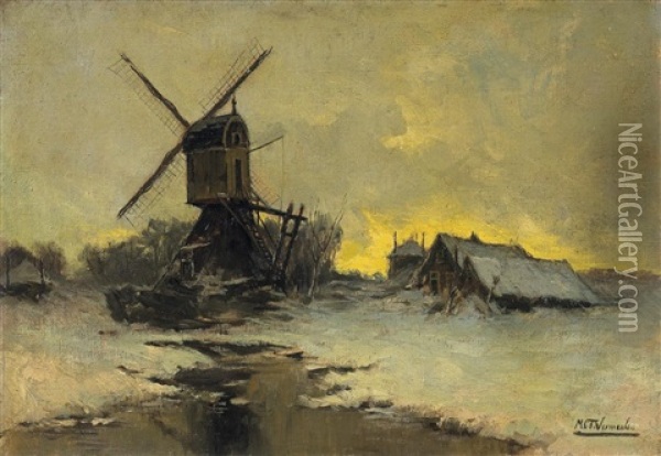 Hollandische Winterlandschaft Mit Windmuhle Oil Painting - Marinus Cornelis Thomas ver Meulen
