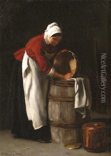 A Woman Washing A Copper Pan Oil Painting - Francois Bonvin