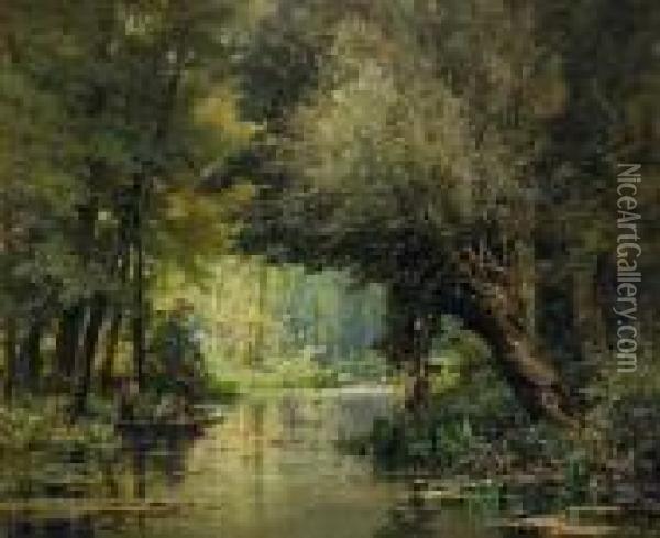 Angler Im Kahn Am Flussufer Oil Painting - Charles Euphrasie Kuwasseg