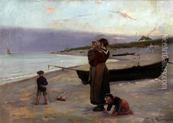 Woman And Children On Beach Awaiting The Fisherman's Return Oil Painting - Friedrich (Fritz) Raupp