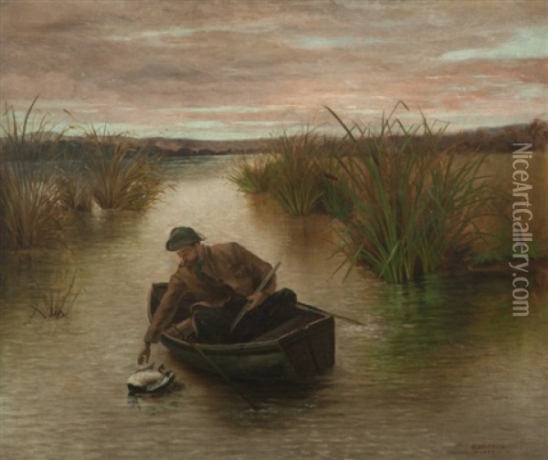 Hunter Retreiving Duck Oil Painting - Arthur Beckwith