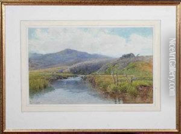 A River Landscape With Sheep Grazing In The Middle Distance Oil Painting - Charles L. Saunders