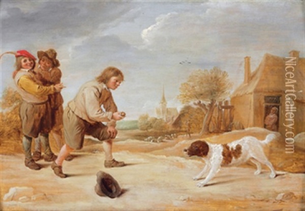 Drei Bauernknaben Mit Einem Hund (after David Teniers) Oil Painting - Thomas Van Apshoven