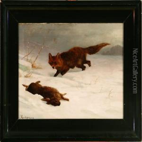 A Fox In A Winter Landscape Oil Painting - Adolf Henrik Mackeprang