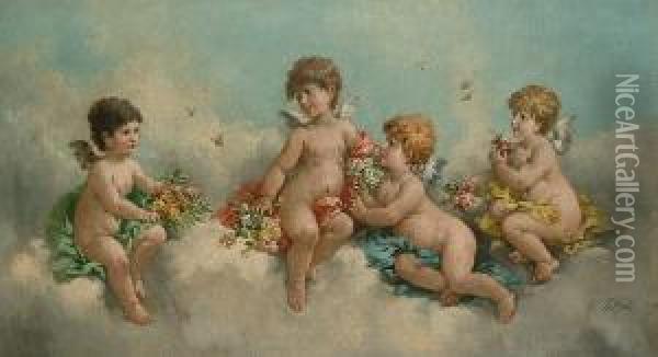 Putti With Flowers Disporting Amongst Clouds Oil Painting - Charles Augustus Henry Lutyens