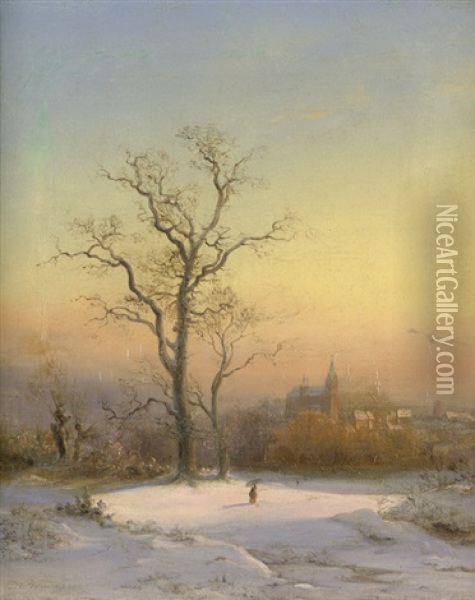 Winterlandschaft Bei Sonnenaufgang, Im Hintergrund Eine Gotische Dorfkirche Oil Painting - Wilhelm Klein