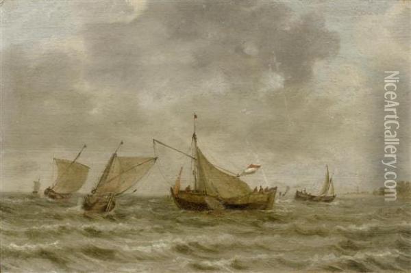 Fishers' Boats On A Stormy Sea Oil Painting - Jan van Goyen