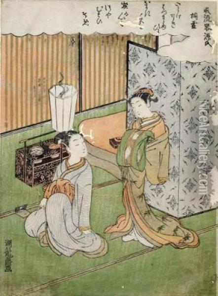 Deux Courtisanes Dans Une Maison De The Oil Painting - Isoda Koryusai