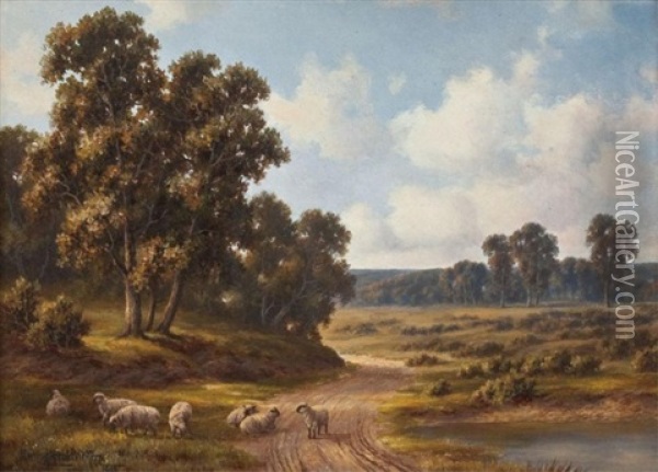 Sheep By A Meadow Lane Oil Painting - Henry Harold Vickers