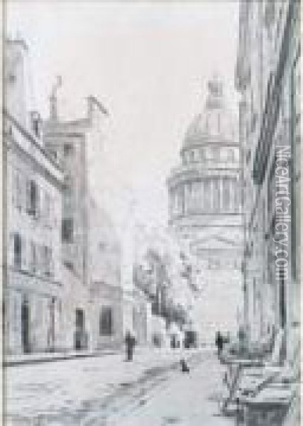 Paris, Le Pantheon, Vu De La Rue D'ulm Oil Painting - Emmanuel Lansyer