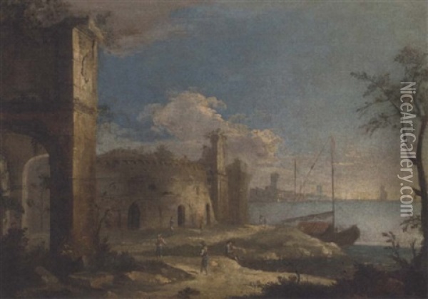 A Capriccio Of A Coastal Landscape With Ruins And Figures Oil Painting - Michele Marieschi