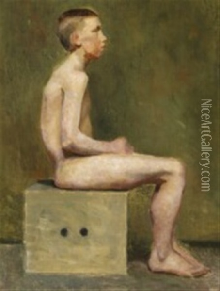 Boy On A Stool Oil Painting - Marie Kroyer