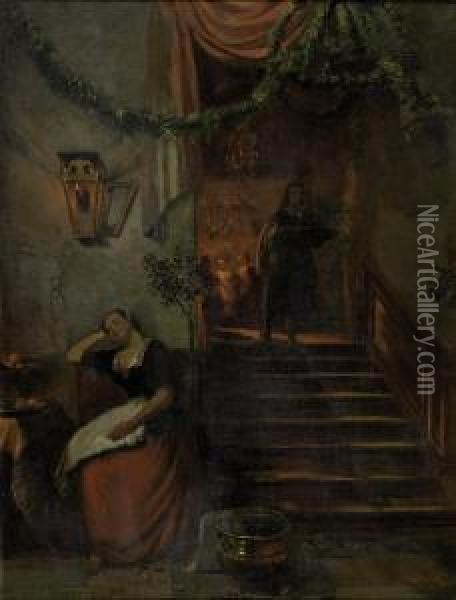 Servant Napping In The Doorway To The Ballroom Oil Painting - Hubertus, Huib Van Hove