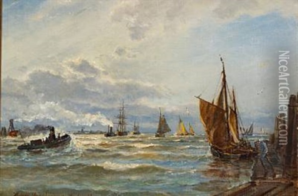 Numerous Ships On The Alster River Near Hamburg Oil Painting - Holger Henrik Herholdt Drachmann