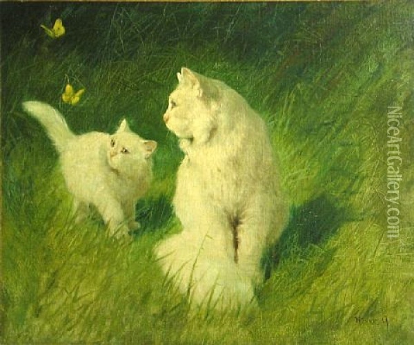 A Cat And Her Kitten With Two Butterflies Oil Painting - Arthur Heyer