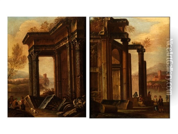 Romische Ruinencapricci Mit Figurenstaffage (pair) Oil Painting - Giovanni Paolo Panini