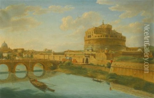 Rome, A View Of The Tiber With The Castel Sant Angelo And Ponte Sant'angelo, Saint Peter's Basilica Beyond Oil Painting - Hendrick Frans van Lint