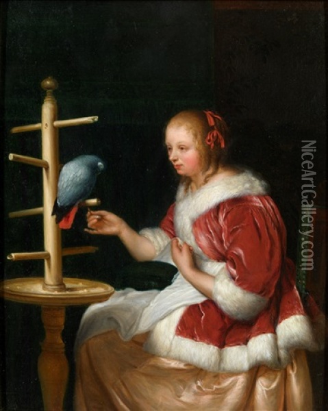 A Young Woman In A Red Satin Jacket Feeding A Parrot Oil Painting - Johann Jakob Mettenleiter
