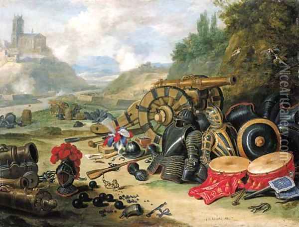 Weapons and accoutrements of war in a battlefield, a river and a church on a hill beyond Oil Painting - Jan van Kessel