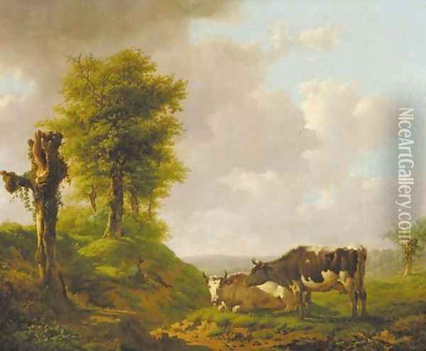 A hilly landscape with a cowherd and his cattle Oil Painting - Adolf Karel Maximilian Engel