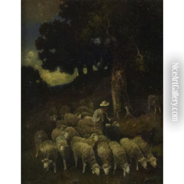 Pastoral Landscape With Shepherd And Flock Oil Painting - Charles Emile Jacque