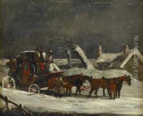The Dover To London Coach At A Halt By A Cottage In The Snow Oil Painting - Henry Thomas Alken