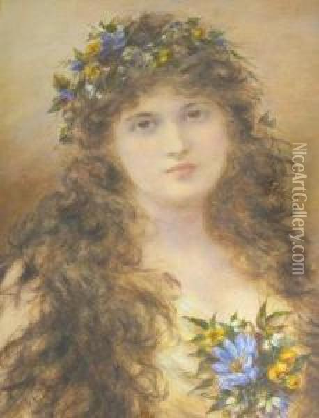 Portrait Of A Young Lady With Flower Garlands In Herhair Oil Painting - Alice Renshaw