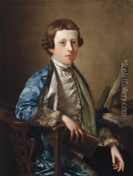 Portrait Of A Boy, Traditionally Known As John Wolffe, Half-length, In A Satin Waistcoat And Fur-lined Blue Coat, At A Writing Table Oil Painting - Giles Hussey