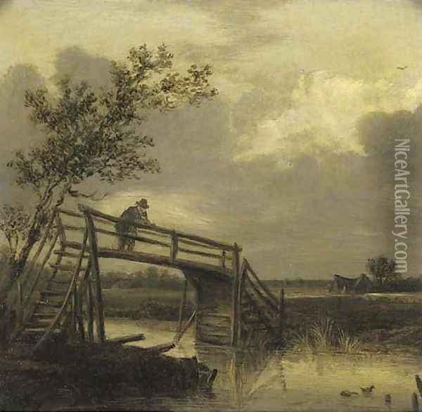 A river landscape with a peasant on a timber bridge Oil Painting - Pieter de Molyn