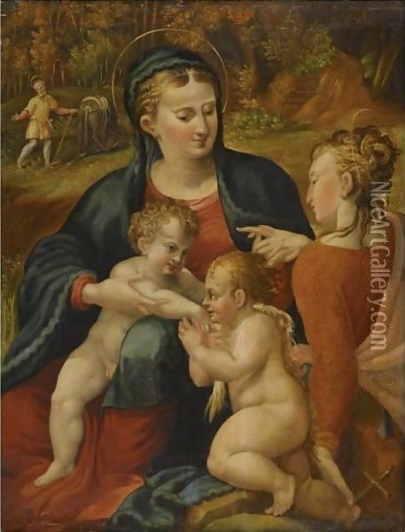 The Holy Family With Saints John The Baptist And Catherine Oil Painting - Michele Da Parma (see Rocca)