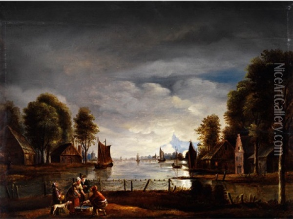 Abendliche Hollandische Flusslandschaft Oil Painting - Isaac Van Ostade