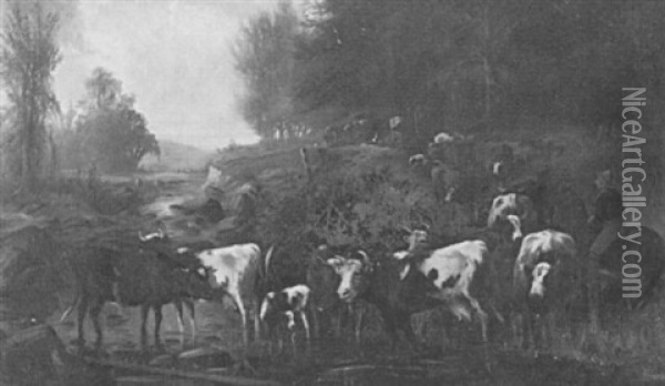 Landscape With Cows Oil Painting - Joseph Evans
