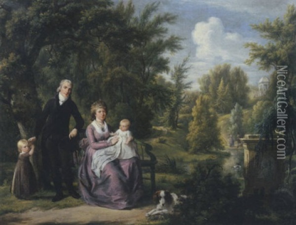 Portrait Of A Gentleman And A Lady, The Latter Seated On A Bench With Their Two Children And Dog In The Park Of Elswout, Overveen, A Pond And Cupula Beyond Oil Painting - Adriaen de Lelie