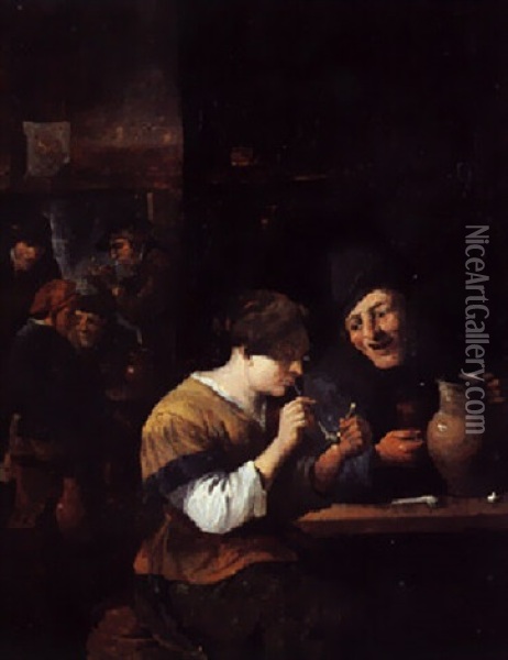 Scene D'auberge Avec Une Fumeuse Et Un Buveur Oil Painting - David Ryckaert III