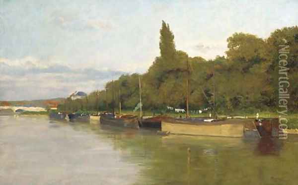 Barges moored on a riverbank Oil Painting - French School
