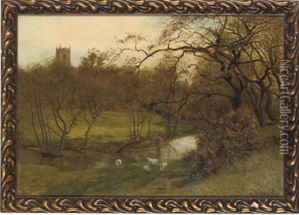Sheep Grazing By A River Oil Painting - George Moore Henton
